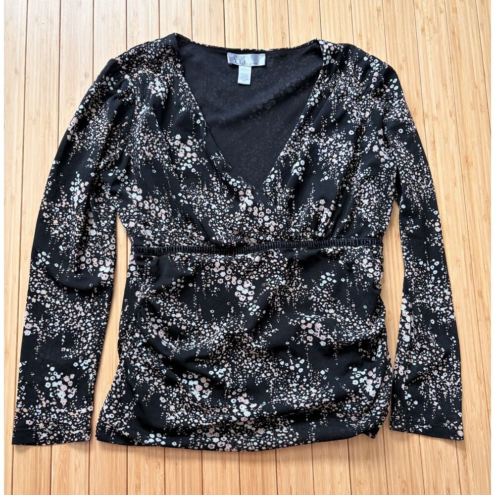 Nine & Co by Nine West Women's Large Floral Long Sleeve Cross Over V-Neck Top